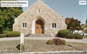 First Congregational Church of Braintree as it appears today.  Courtesy Google Earth.